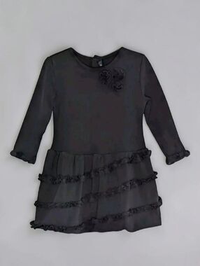 Lili Gaufrette Girls Black Ruffle Tiered Dress Rose Detail Size 3Y